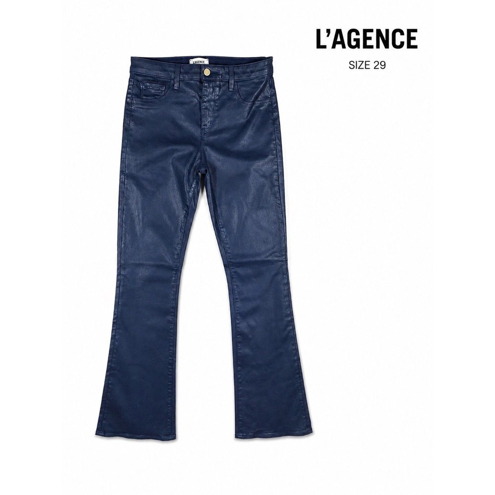 L'AGENCE Size 29 Navy Coated Flare Jeans High Rise Stretch Faux Leather USA